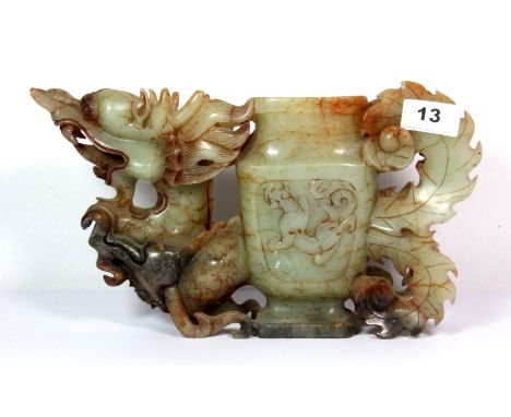 A Chinese carved jade/hardstone vase mounted with a dragons head and pheonix tail, H. 17cm W. 31cm.