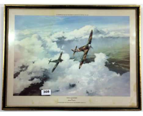 Robert Taylor framed print 'Duel of the Eagles', signed by Douglas Bader and another, frame size 55cm x 43cm.