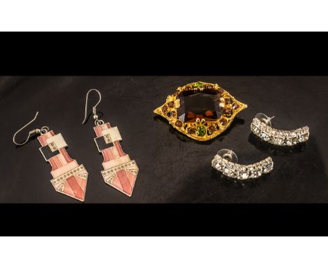Art Deco Style Vintage Jewellery, comprising clear crystal earrings for pierced ears; pink enamel earrings for pierced ears; 