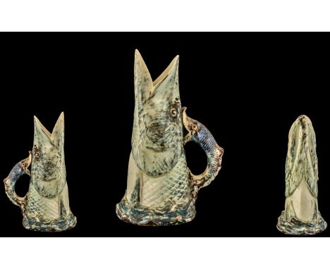 Royal Worcester Hand Painted Majolica ' Pike ' Pitcher. Date 1886, Modelled as An Open - Mouthed Pike, Leaping out of the Blu