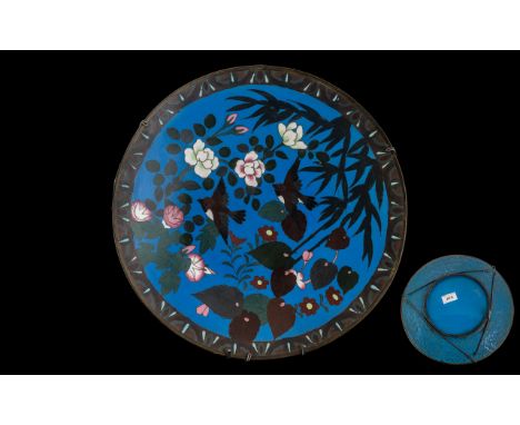 Antique Japanese Cloisonne Enamel Charger Decorated on a Blue Ground Depicting Birds Amongst Flower, with a Butterfly Border.
