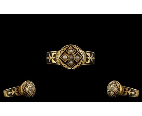 Victorian Period 1837 - 1900 Wonderful 18ct Gold Seed Pearl and Black Enamel Set Morning Ring. Full Hallmark for Sheffield 18