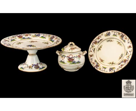 Royal Worcester Hand Painted Tazza/Cake Plate, Lidded Preserve Pot and matching plate.  Design No. 608482, white ground with 
