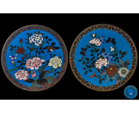 Pair of Floral Decorated Cloisonne Enamel Plates, Late Meiji Period. Birds and Butterflies Amongst Roses on a Blue Ground to 