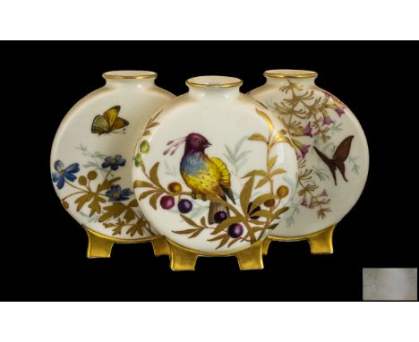 Royal Worcester Superb Quality Hand Painted Porcelain Triple Moon Flask Vases. c.1880. Wonderful Hand Painted Images of Exoti