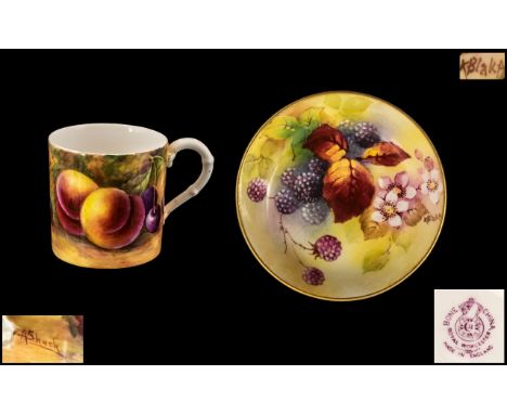 Royal Worcester - Superb Hand Painted Fruits Circular Pin Dish, Leafs, Black and Red Berries Stillife. Date 1941. 4 Inches - 