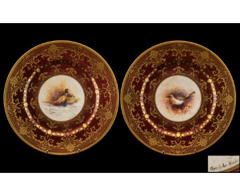 A Fine Pair of Hand Painted Porcelain Cabinet Plates by Ex Royal Worcester Artist Christopher Hughes, The Central Panels with