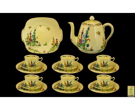Crown Staffordshire Hand Painted In Enamels ( 20 ) Piece Tea Service c.1920's. Hollyhocks Design. Reg No 742202. Comprises 6 