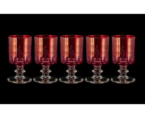 Victorian Period 1837 - 1901 Fine Set of  ( 5 ) Ruby and Clear Glass Drinking Vessels with Etched Decoration to Each Glass. E