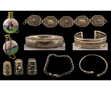 A Collection of Silver Jewellery + A Dutch Round Ceramic Screw Top Enamel Perfume / Scent Bottle + A Silver Thimble by Charle