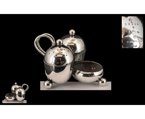 Vintage Christopher Dresser Design for Elkington &amp; Co. Silver Plated Cruet Set.  Some loss of plating, mustard hinge need
