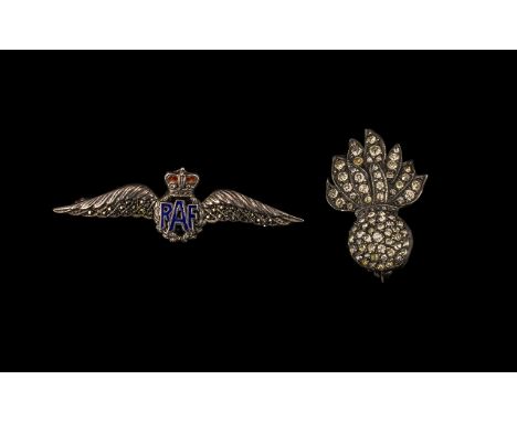 Silver Enamel RAF Sweatheart Brooch plus one other.  Two brooches, flower marcasite and enamel RAF brooch.  Please see images