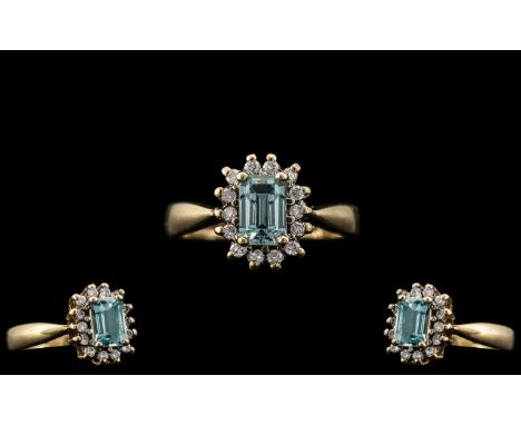 Ladies - 9ct Gold Attractive Aquamarine and Diamond Set Cluster Ring. Full Hallmark to Interior of Shank. The Step-cut Aquama