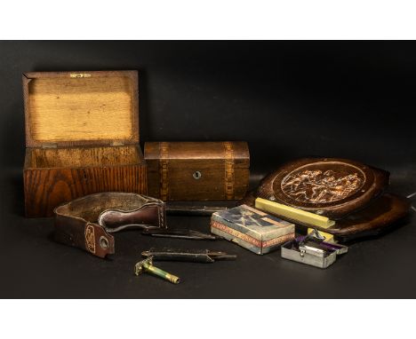 Leather Roma Strap with Pressed Copper Wall News Rack, Wood Tea Caddy.