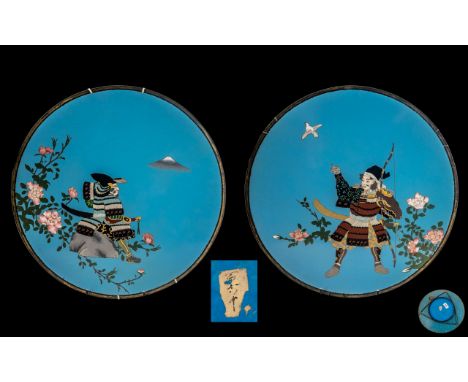 A Fine Pair of Japanese Meiji Period Coloured Enamel Cloisonne Chargers Decorated with a Robins Egg Blue Body with Two Samura