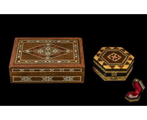 Two Tunbridge Ware Style Boxes, comprising a six-sided trinket box, slight marks inside material, and a vintage Tunbridge war