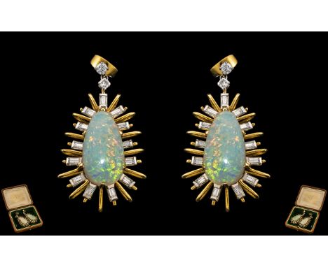A Superb Pair of Star-burst Design 18ct Gold Opal and Diamond Set Pair of Earrings of Large and Impressive Proportions. c.196
