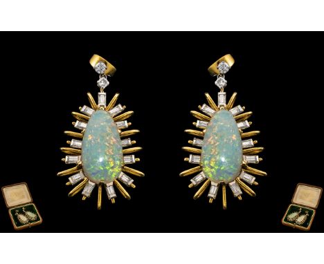 A Superb Pair of Star-burst Design 18ct Gold Opal and Diamond Set Pair of Earrings of Large and Impressive Proportions. c.196