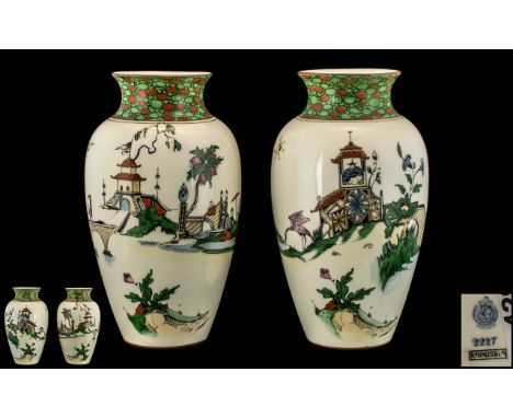 Royal Worcester Superb Pair of Hand Painted Chinoiserie Pattern Porcelain Enamelled Vases, Features Painted Enamel Images of 