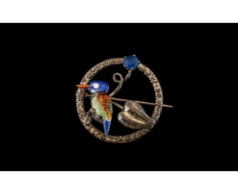 Antique Silver Parrot Enamel Brooch, Lovely Design Brooch with Thistle Border and Enamel, Bird ( Parrot ) with Vibrant Blue S