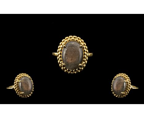 Fire Labradorite Solitaire Ring, a 9.75ct oval cut cabochon of the unusual, natural, fire labradorite which displays an all o