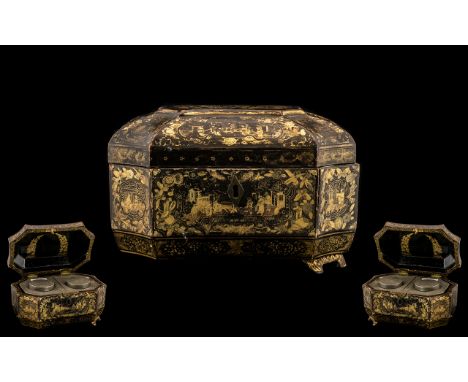 Early 19th Century Chinese Canton Export Lacquered Shaped Tea Caddy, Finely Decorated to the Body In Gilt Work Depicting Chin
