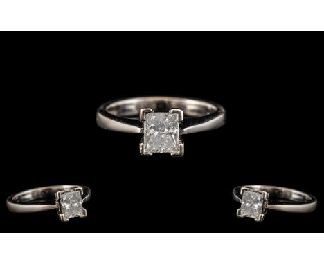 Platinum Single Stone Diamond Set Ring of Contemporary Design. The Princes Cut Diamond of Top Colour F - G, Est Clarity SI, E