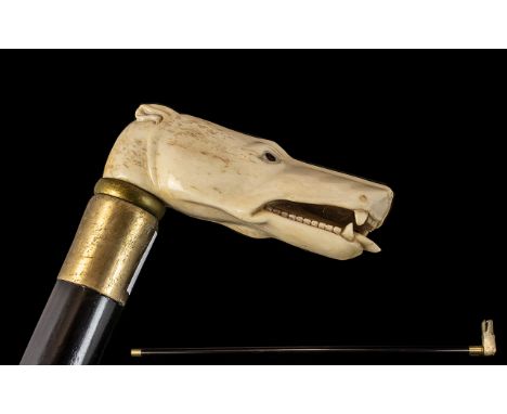 Carved Bone Walking Stick In The Form of a Dog. Carved Bone Walking Stick, Glass Eyes and Realistically Modelled of a Dog. Pl