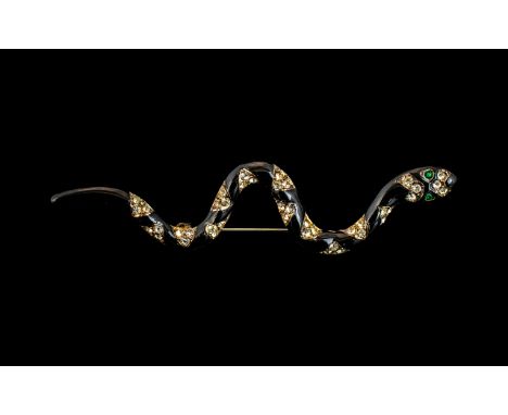 Vintage Enamel Snake Brooch in the form of a snake set with semi-precious stones, stamped B &amp; W.  Measures 3.5" in length