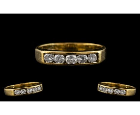 18ct Yellow Gold - Attractive Five Stone Diamond Ring with Full Hallmark For 750 - 18ct. The Five Round Brilliant Cut Diamond