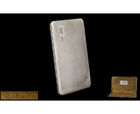 Art Deco Period - Engine Turned Gentleman's Large Stylish and Superior Quality Sterling Silver Cigarette Case of Rectangular 