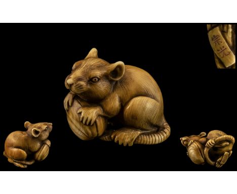 Japanese - Tokyo School Meiji Period Superb Quality and Signed Carved Ivory Netsuke - Depicting a Field Mouse Holding a Large