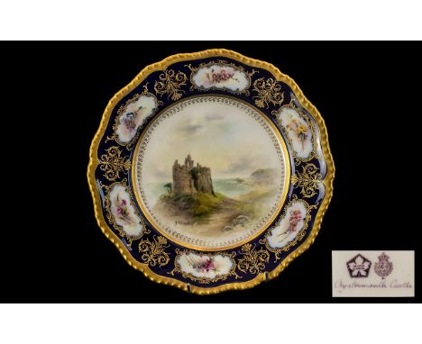 Royal Worcester Superb J. Stinton Signed Hand Painted Cabinet Plate, The Central Panel Depicting ' Oyster Worth Castle ' Sign