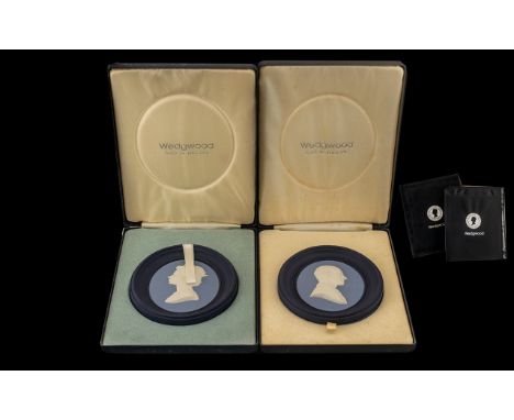 Pair of Wedgwood Three Colour Portrait Medallions, The Queen No. 1026 of 2000 Silver Jubilee 1952-1977, and The Duke of Edinb