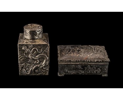 White Metal Chinese Tea Caddy &amp; Other. Chinese Tea Caddy, Highly Decorated with Dragons to Each Panel. 4.5 Inches High. P