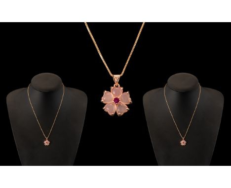 Sterling Silver Pendant And Necklace In A Rose Gold Finish, Flower Design - Ruby Style Stone To Centre Of Excellent Colour - 