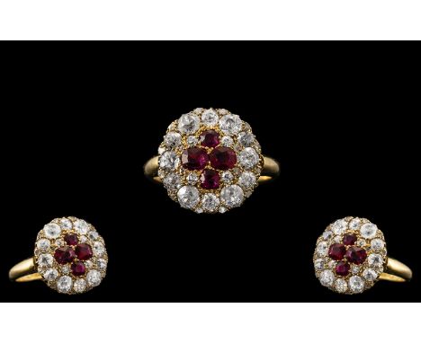 Mid Victorian Period -  Superb Quality and Attractive 18ct Gold Ruby and Diamond Dress Ring. The Four Natural Rubies of Wonde