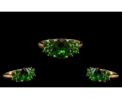 Ladies - Attractive 9ct Gold 3 Stone Green Tourmaline Set Dress Ring. Full Hallmark for 9.375 to Interior of Shank. The Facet