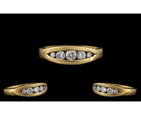 Ladies 18ct Yellow Gold - Attractive 5 Stone Diamond Set Ring of Pleasing Pave Set Design and Solid Gold Shank. The Modern Ro