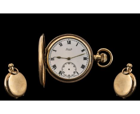 Gold Plated Gentleman's Pocket Watch by Limit, with a white enamel chapter ring.  Double Hunter case. By Dennison Watch Case 