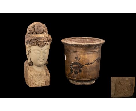 Chinese Stone-Ware Figure of ' Quan Yin ' with Seal Marks to the Front and Back, with a Chinese Pottery Planter with Chinese 