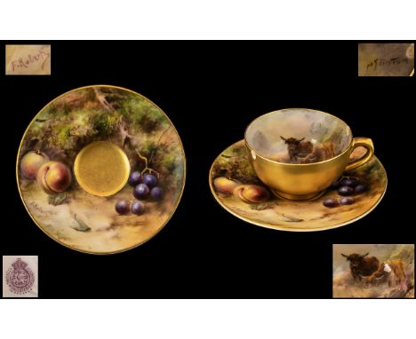 Royal Worcester Hand Painted Miniature Cup and Saucer. 1/ Saucer - Fallen Fruits Stillife, Signed Frank Roberts, Date 1911. D