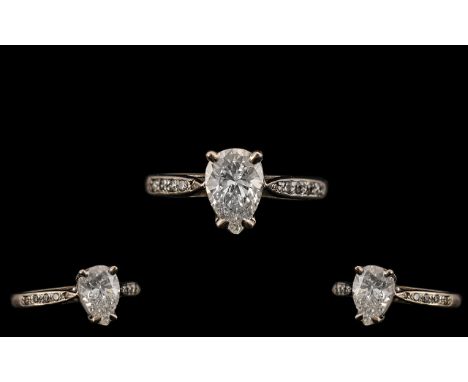 Ladies 18ct White Gold Superb Single Stone Diamond Set Ring. Full Hallmark for 750 - 18ct. The Pear Shaped Diamond of Top Col