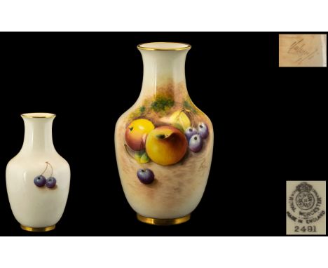 Royal Worcester Signed and Hand Painted Fallen Fruits Small Vase ' Apples and Berries ' Stillife. Signed Roberts, Shape Num 2