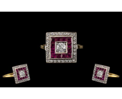 Art Deco Style Attractive and Good Quality Ruby and Diamond Set Ring of Square Form. The Larger Central Brilliant Cut Diamond