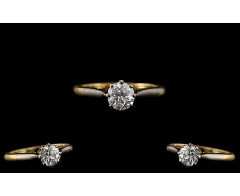 18ct Gold &amp; Platinum Attractive Single Stone Diamond Set Ring.  The round brilliant cut diamond of excellent colour/clari