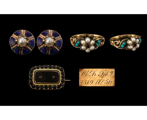 Collection of Jewellery Items. Comprises 1/ George III 9ct Gold and Black Jet Set Mourning Brooch ( Small ) With Inscription 