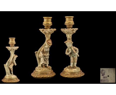 Royal Worcester Fine Pair of Hand Painted Figural Candlesticks, Beautiful Colours - Sort Paste. Dates 1889, Shape No 1321 &am