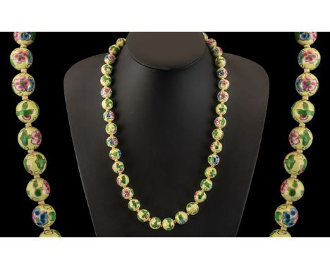 Chinese Enamel Bead Necklace.  Over 20" in length, beautifully decorated throughout.  Please see images.