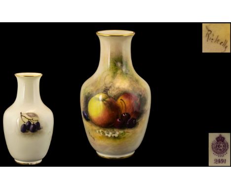 Royal Worcester Signed and Hand Painted Fallen Fruits Small Vase ' Apples and Berries ' Date 1911, Signed Ricketts. Shape Num